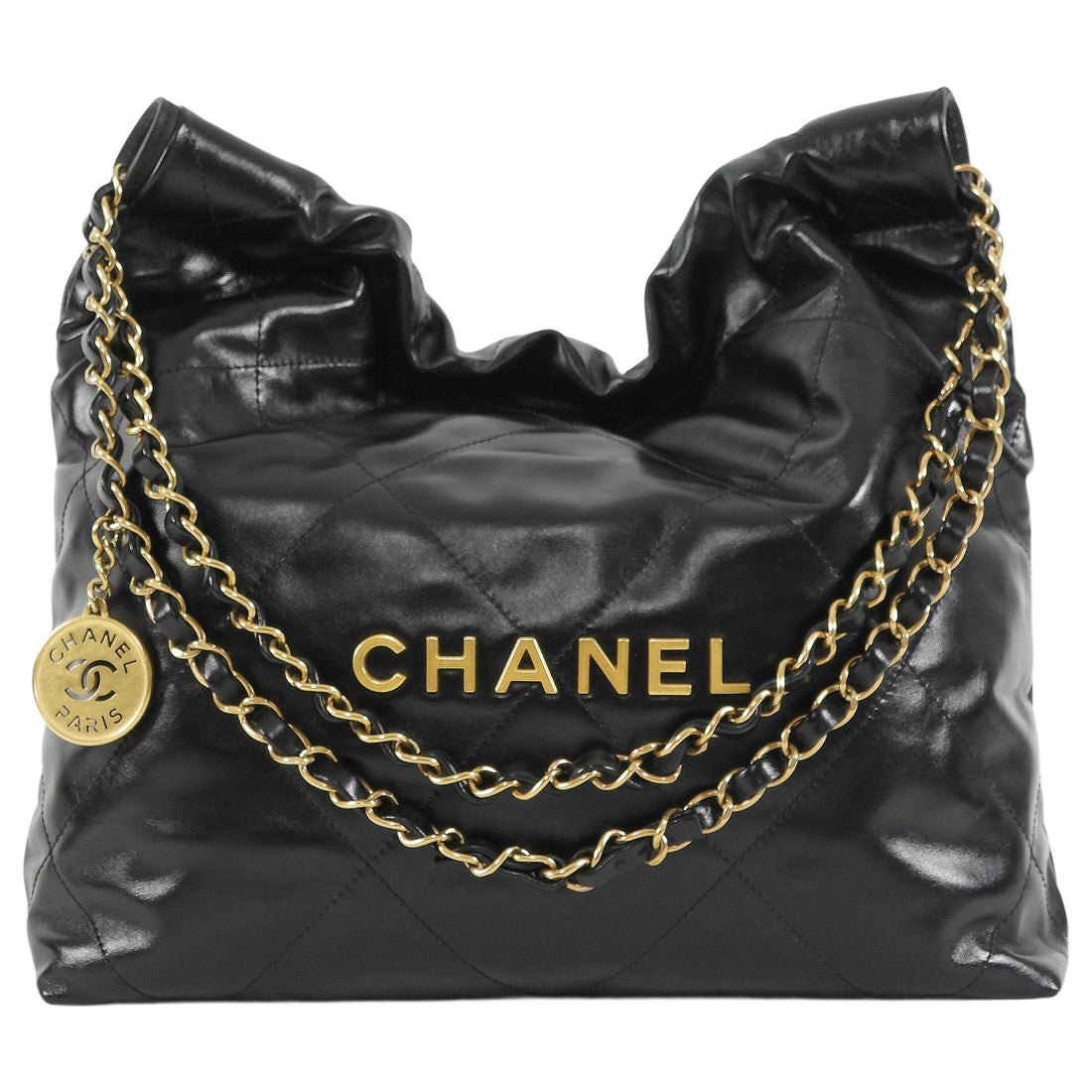 Chanel Black 22 Chain Drawstring Calfskin Small Quilted Bag