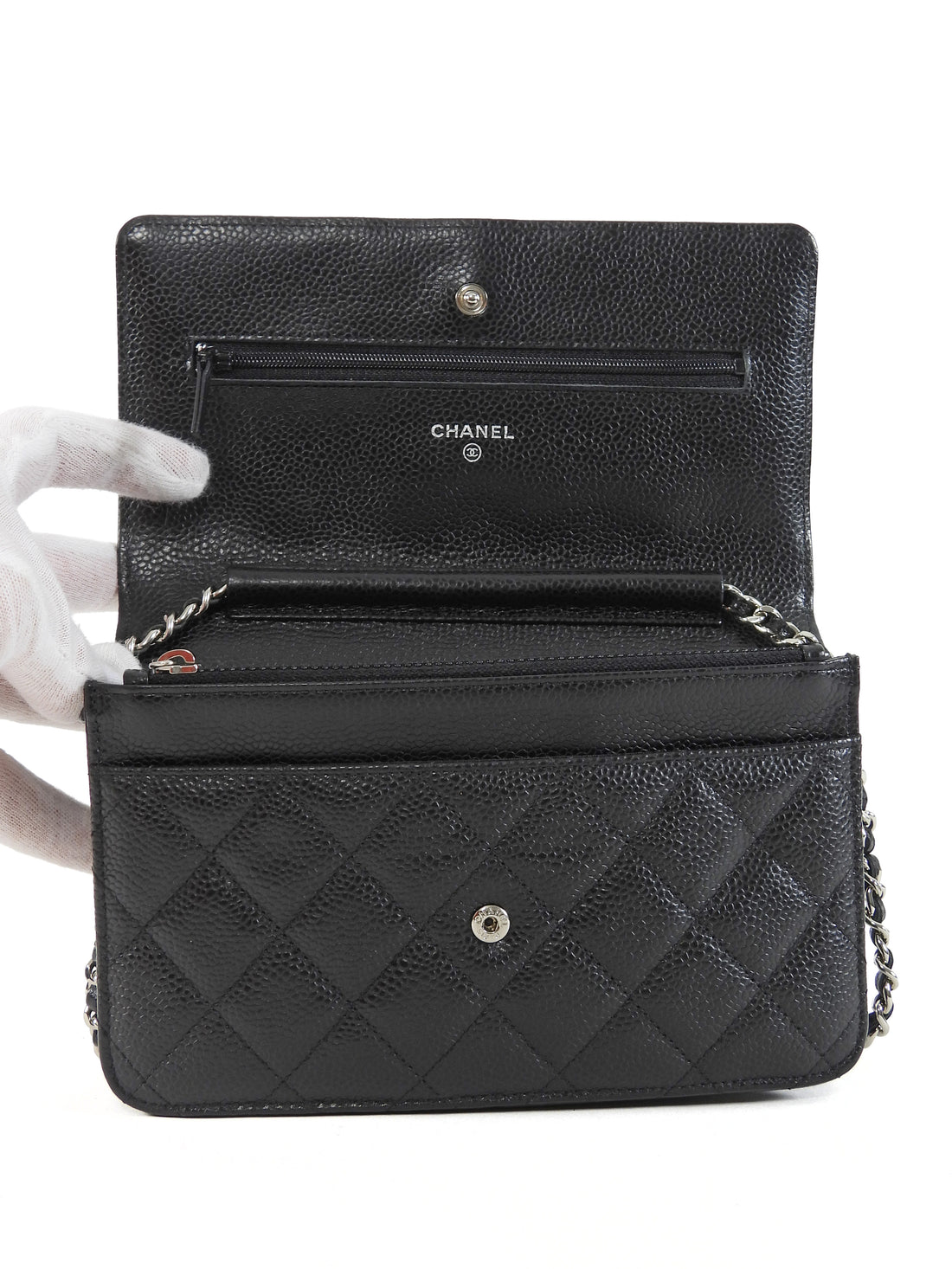 Chanel Black Black Caviar Leather CC Classic Wallet on Chain SHW