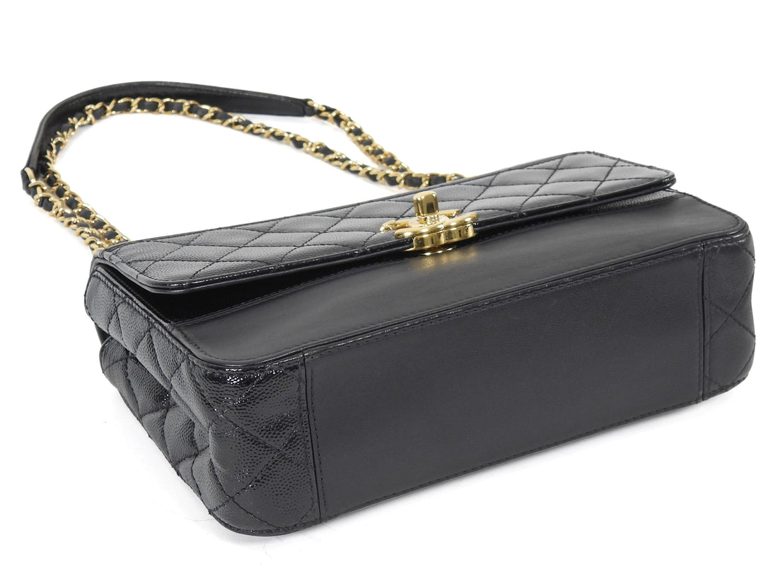 Chanel Black Calfskin and Patent Medium Chain Medium Flap Bag