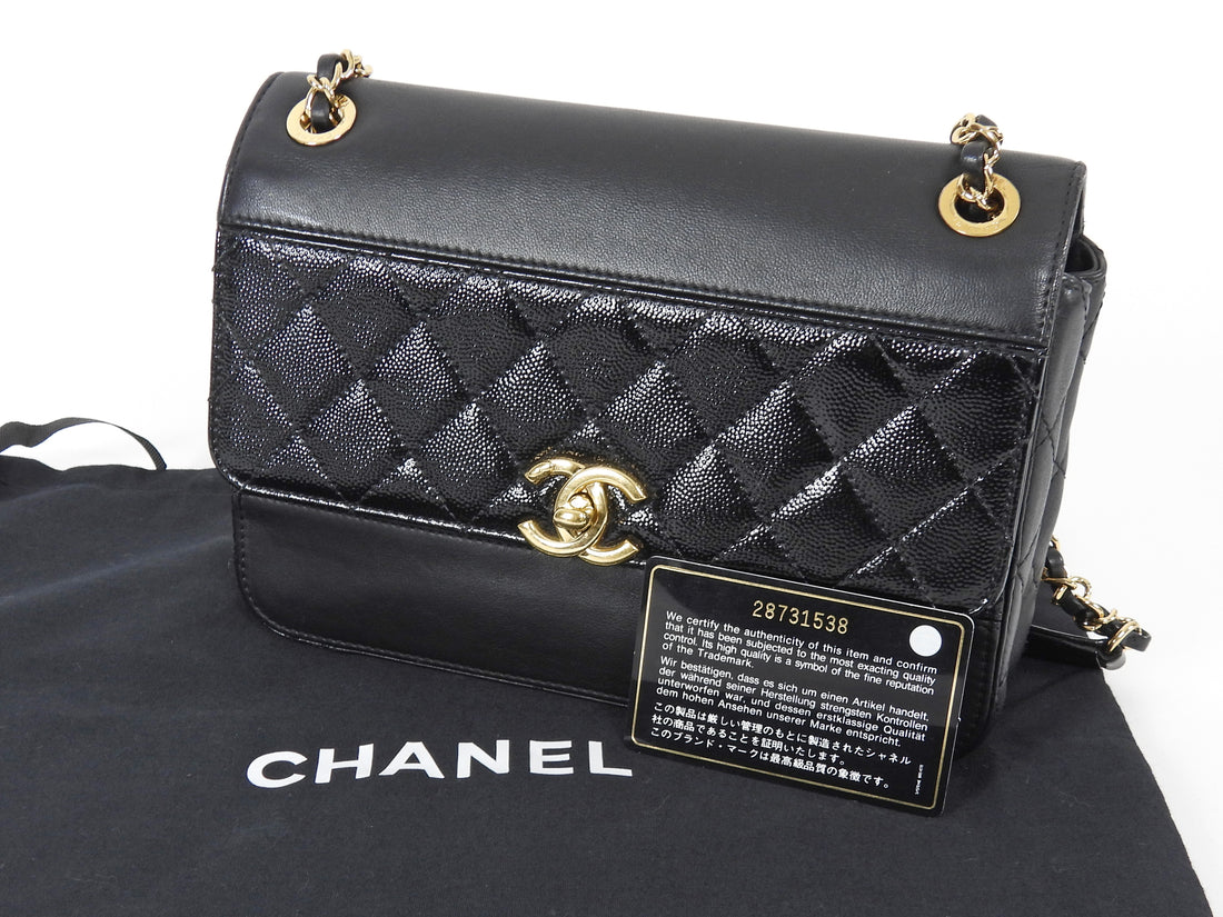 Chanel Black Calfskin and Patent Medium Chain Medium Flap Bag