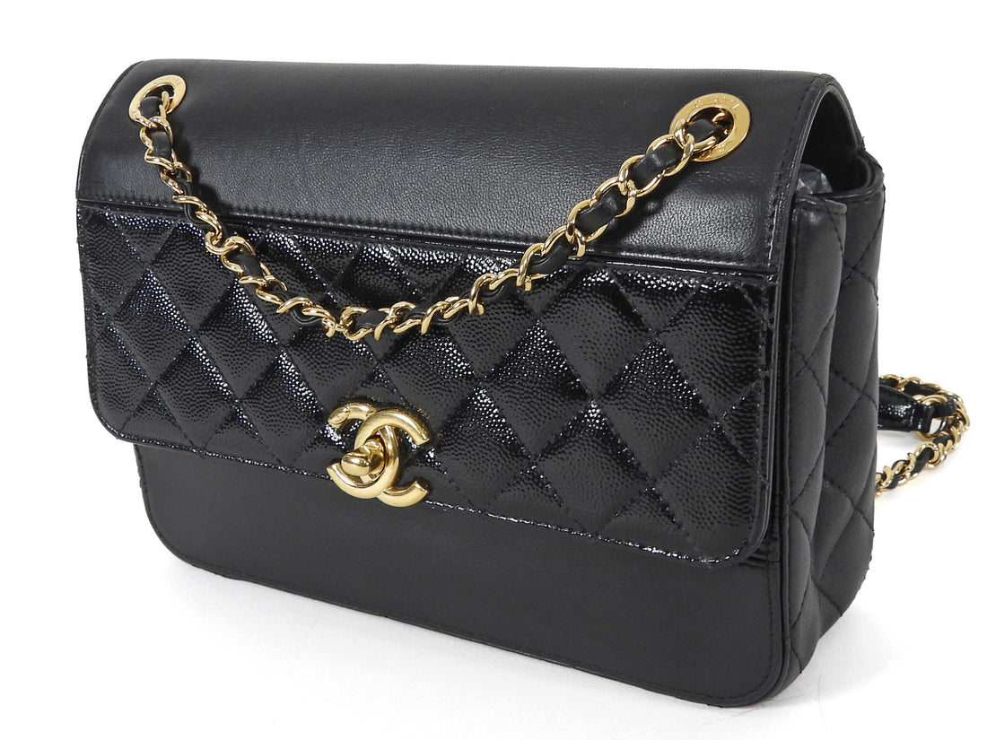 Chanel Black Calfskin and Patent Medium Chain Medium Flap Bag