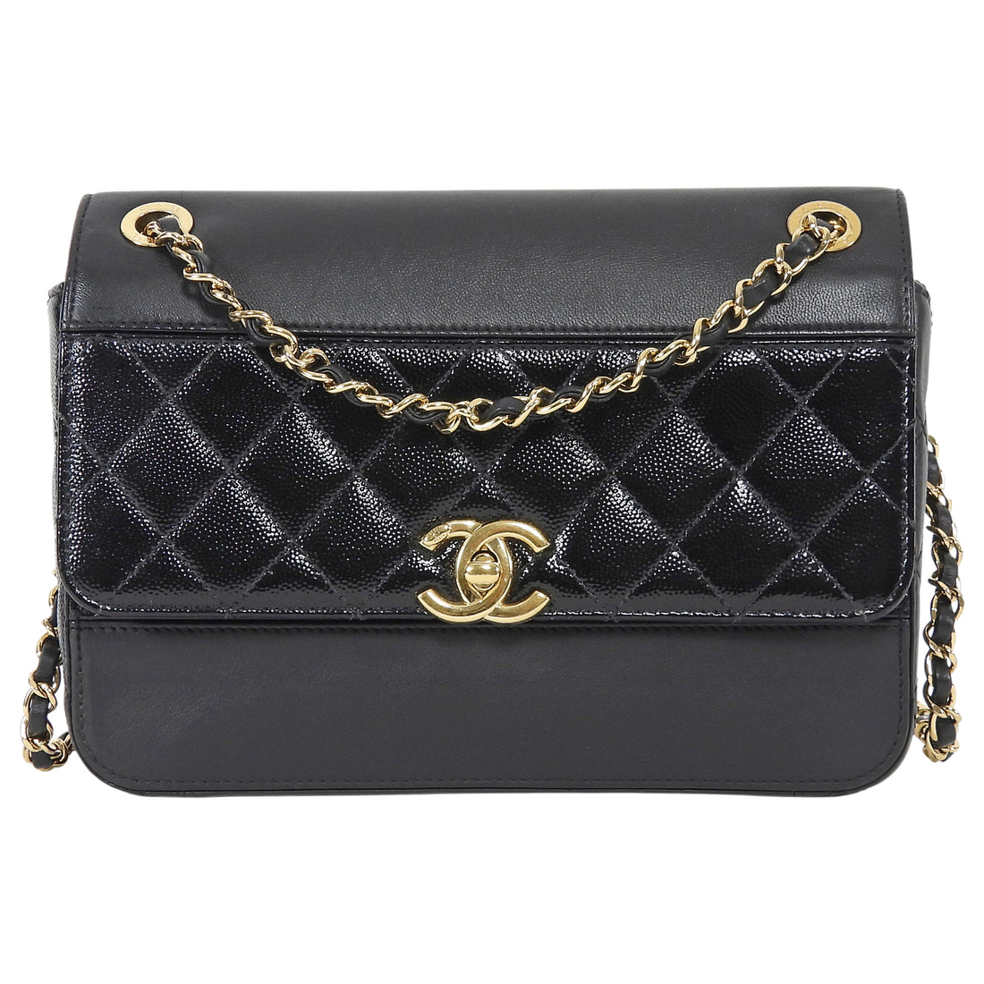 Chanel Black Calfskin and Patent Medium Chain Medium Flap Bag