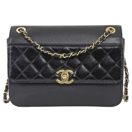 Chanel Black Calfskin and Patent Medium Chain Medium Flap Bag