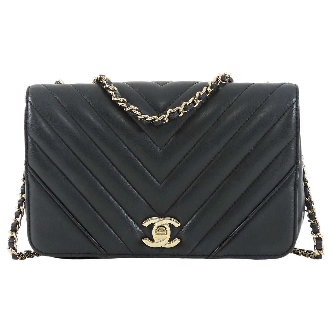 Chanel Black Chevron Quilted Lambskin Statement Chain Flap Bag