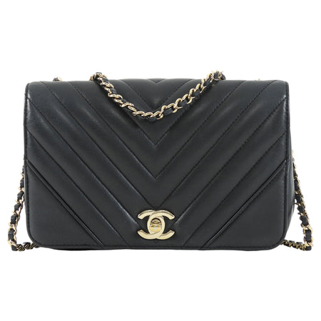 Chanel Black Chevron Quilted Lambskin Statement Chain Flap Bag