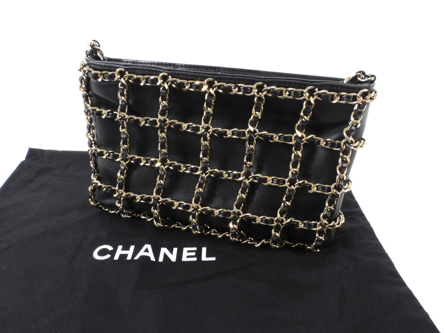 Chanel Black Lambskin Leather Chain Cage Frame Small Shoulder Bag