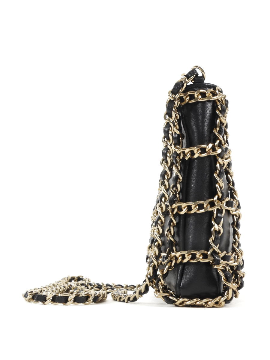 Chanel Black Lambskin Leather Chain Cage Frame Small Shoulder Bag