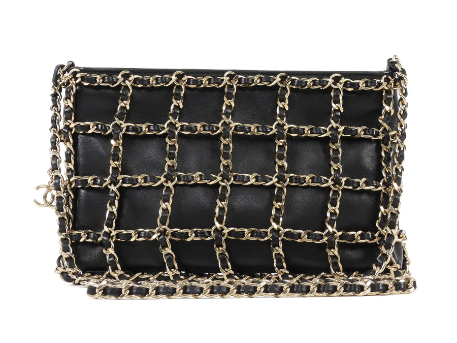 Chanel Black Lambskin Leather Chain Cage Frame Small Shoulder Bag