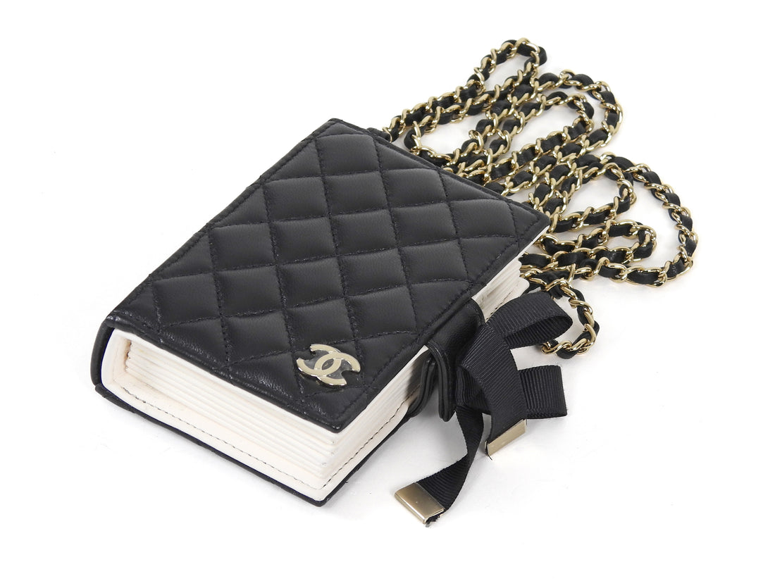 Chanel Black Lambskin Quilted Book Card Holder on Chain