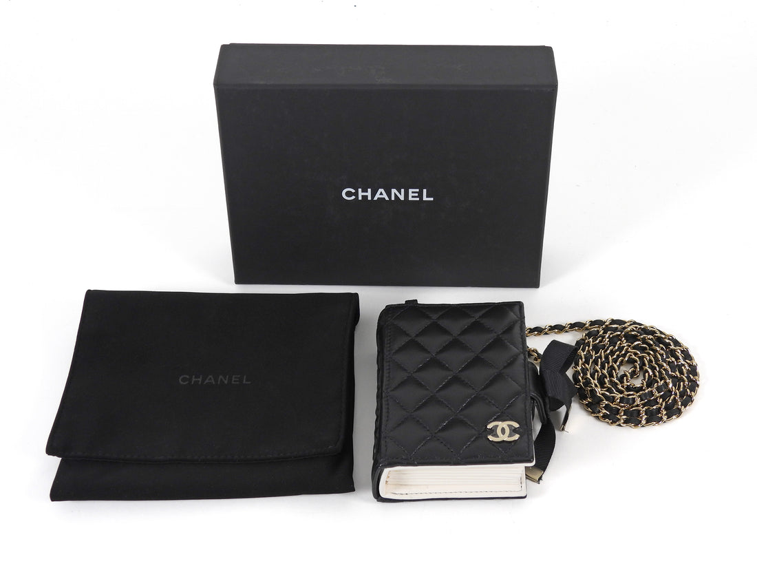 Chanel Black Lambskin Quilted Book Card Holder on Chain
