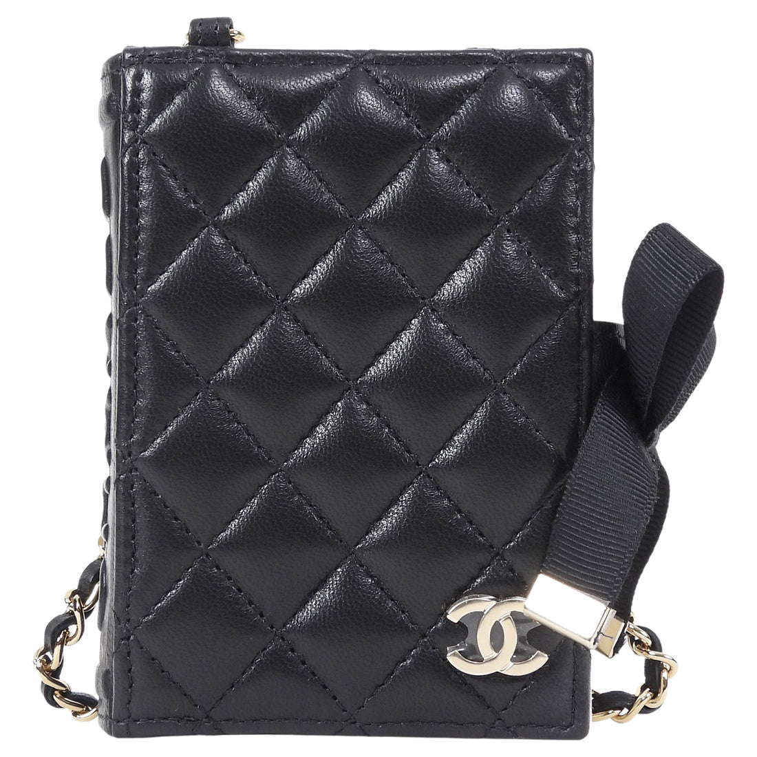 Chanel Black Lambskin Quilted Book Card Holder on Chain