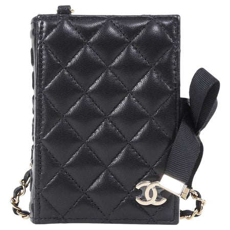 Chanel Black Lambskin Quilted Book Card Holder on Chain