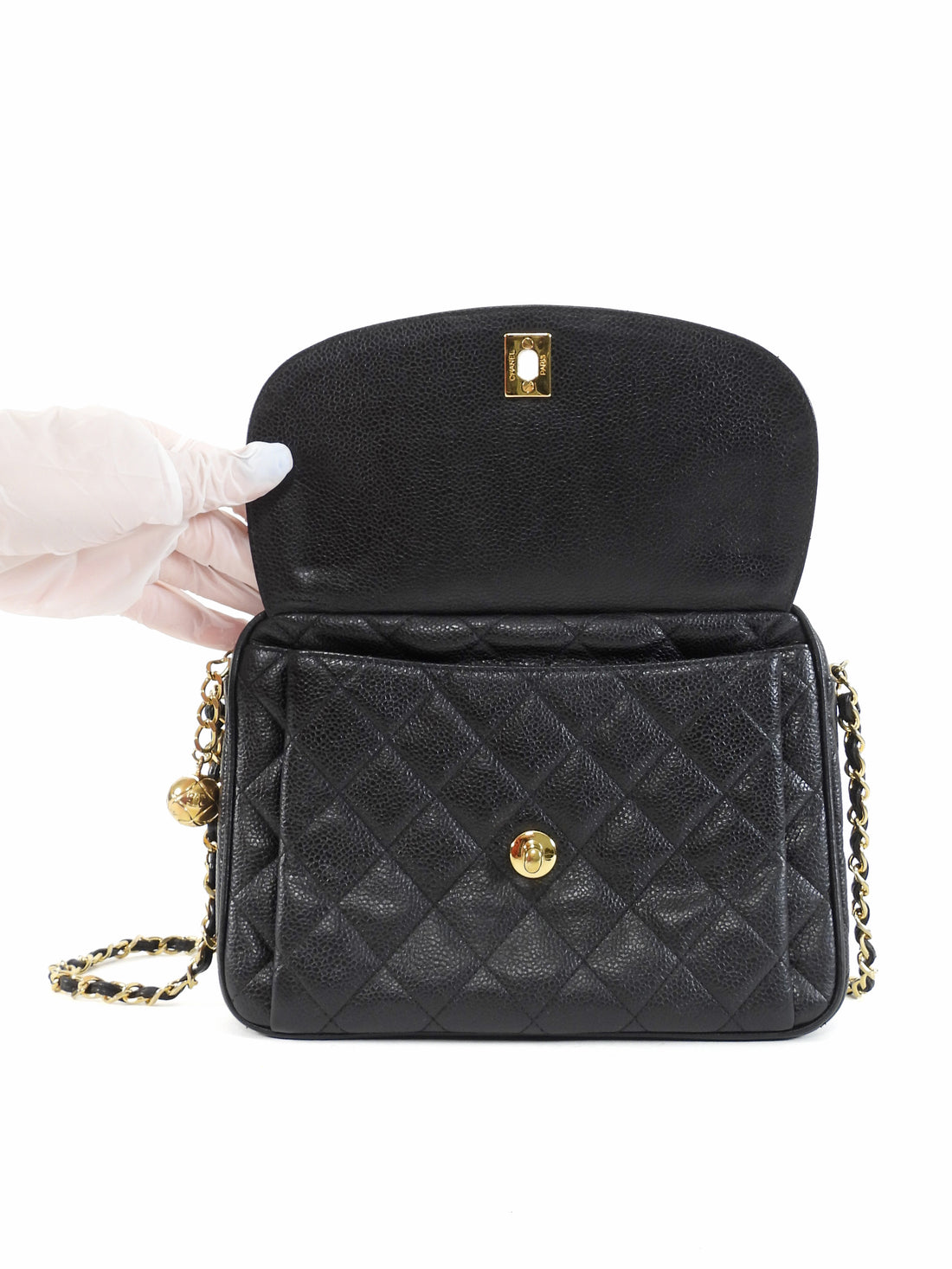 Chanel Black Vintage 1991 Caviar Quilted CC Medium Flap Front Chain Camera Bag