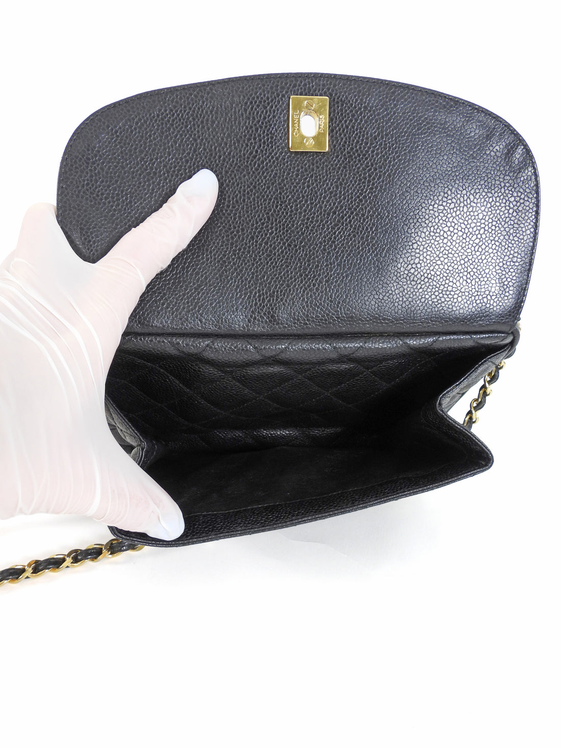 Chanel Black Vintage 1991 Caviar Quilted CC Medium Flap Front Chain Camera Bag