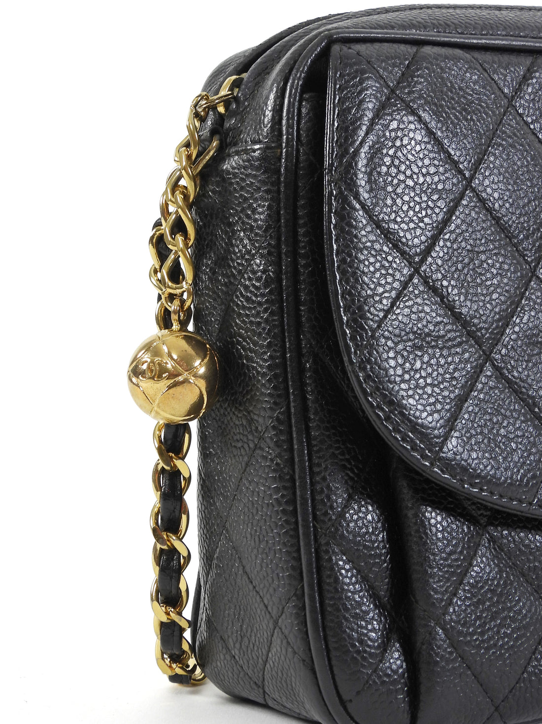Chanel Black Vintage 1991 Caviar Quilted CC Medium Flap Front Chain Camera Bag