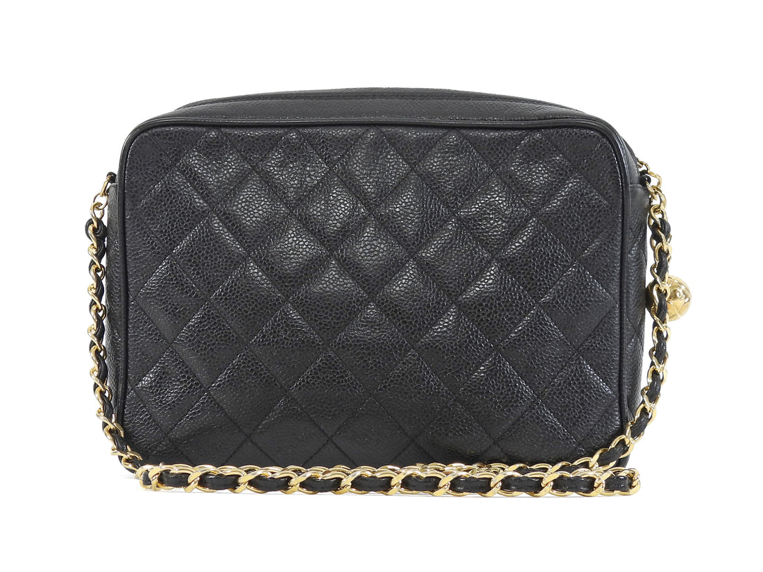 Chanel Black Vintage 1991 Caviar Quilted CC Medium Flap Front Chain Camera Bag