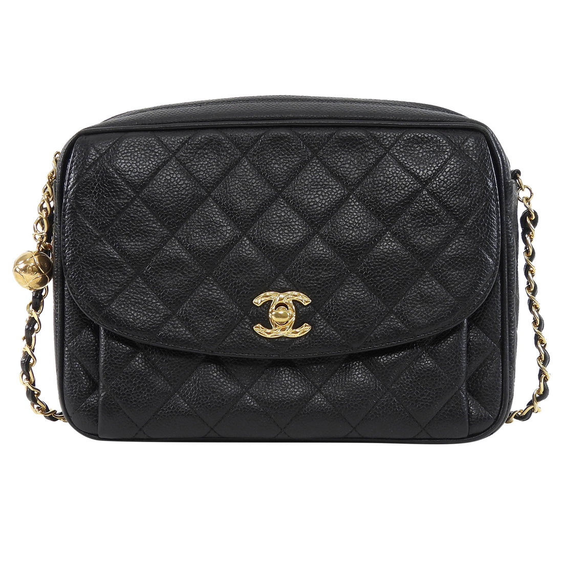 Chanel Black Vintage 1991 Caviar Quilted CC Medium Flap Front Chain Camera Bag