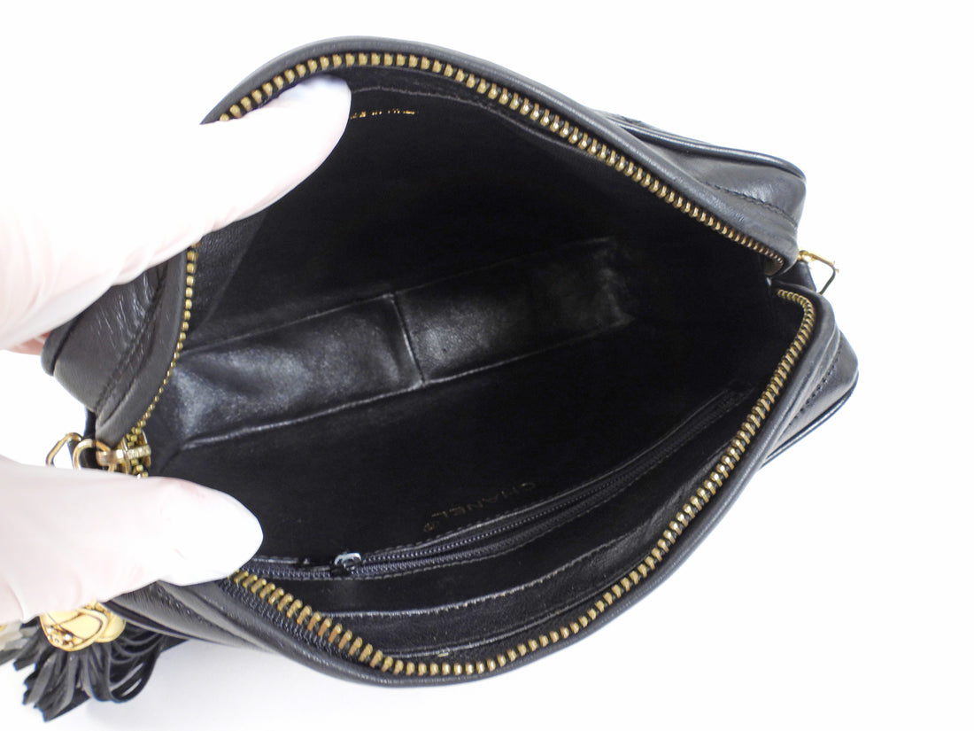 Chanel Black Vintage 1989 Lambskin Quilted CC Tassel Medium Camera Bag
