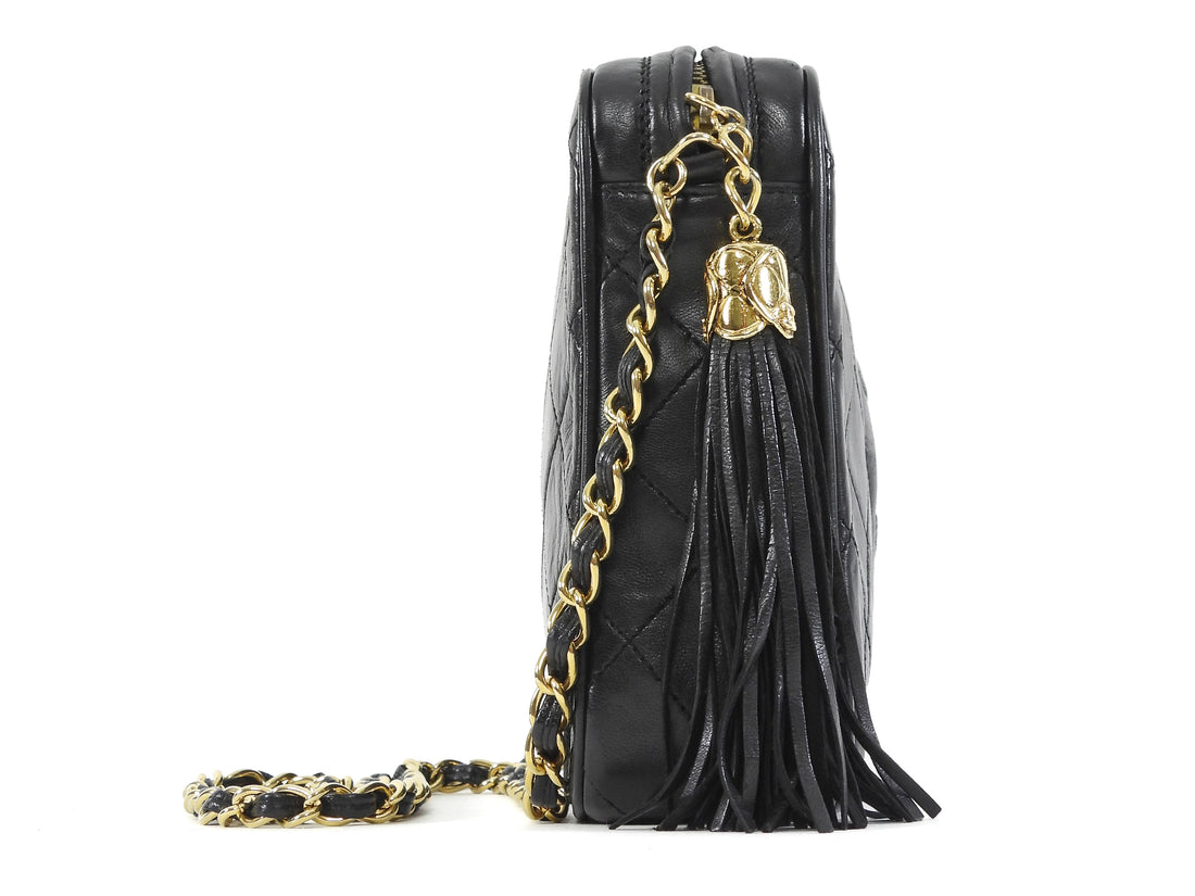 Chanel Black Vintage 1989 Lambskin Quilted CC Tassel Medium Camera Bag