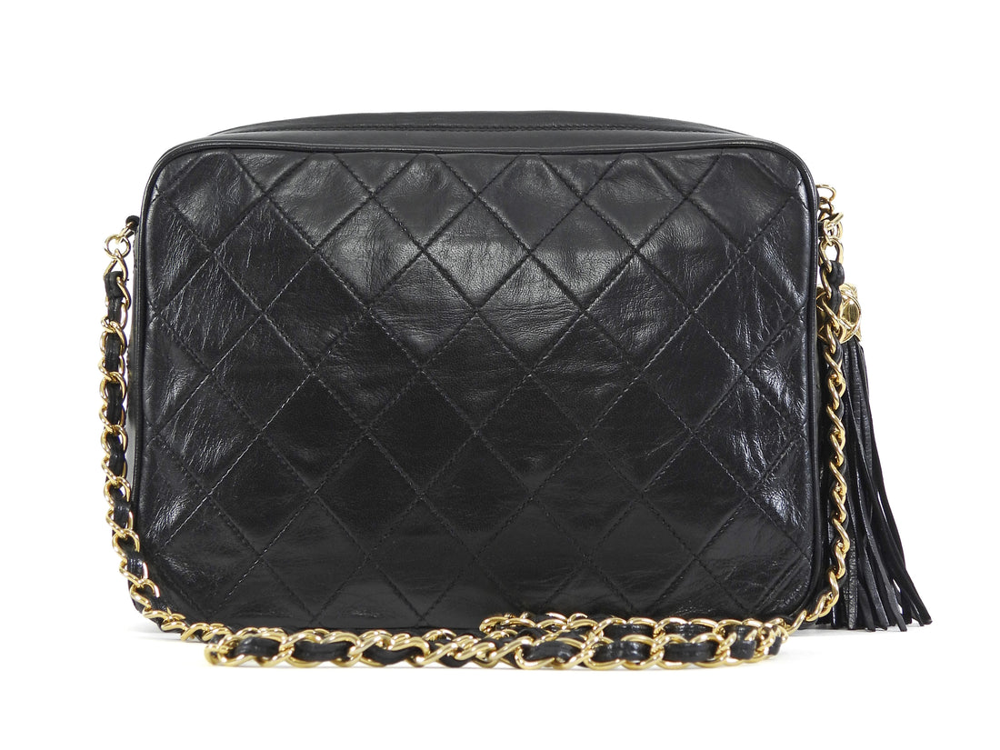 Chanel Black Vintage 1989 Lambskin Quilted CC Tassel Medium Camera Bag