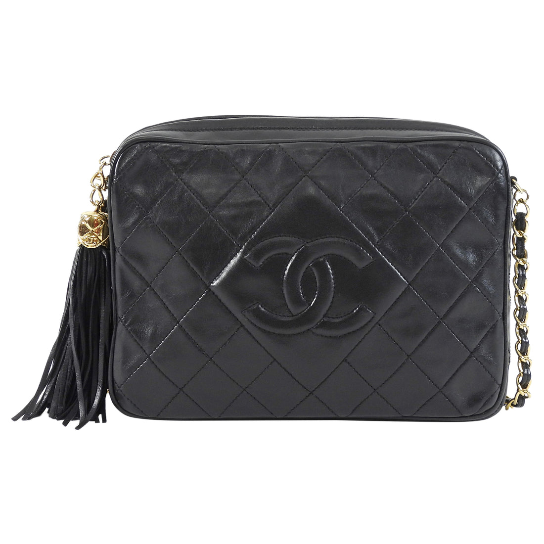 Chanel Black Vintage 1989 Lambskin Quilted CC Tassel Medium Camera Bag