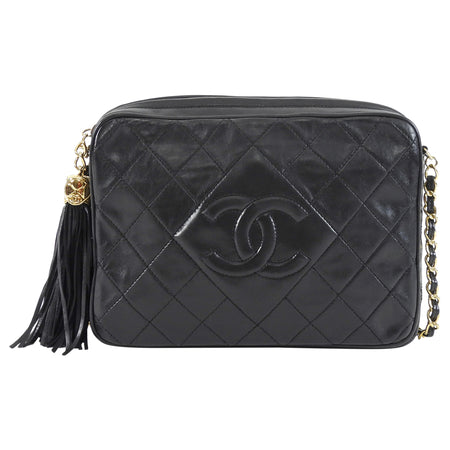 Chanel Black Vintage 1989 Lambskin Quilted CC Tassel Medium Camera Bag