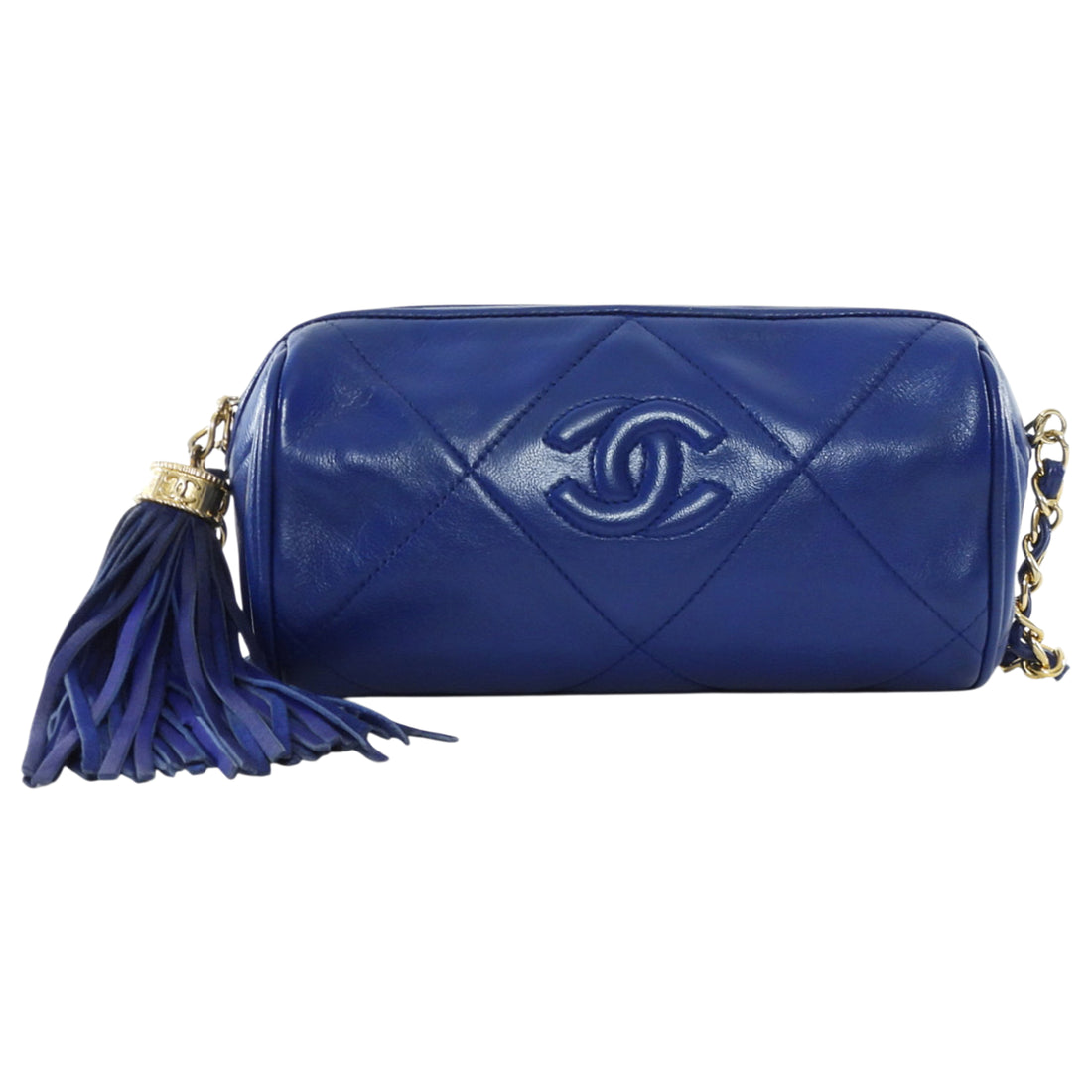 Chanel Vintage 1996 CC Diamond Quilted Tassel Blue Leather Small Chain Roll Bag