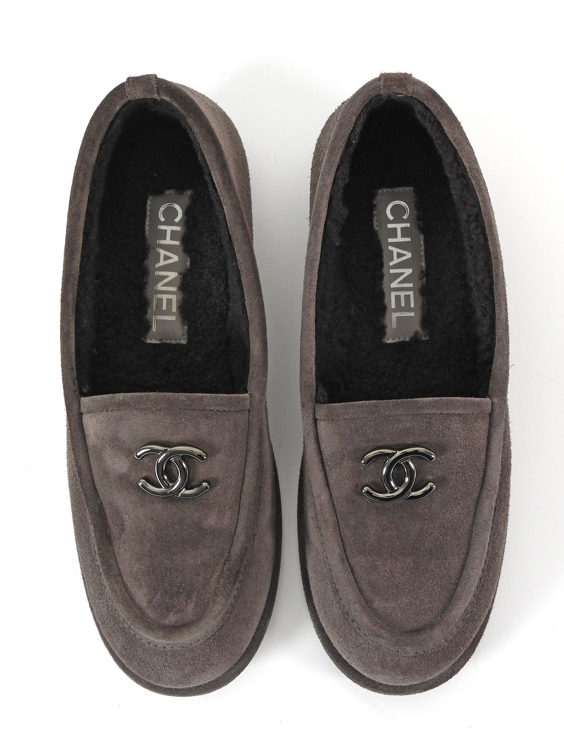 Chanel Mouse Brown Suede Ruthenium CC Shearling Lined Loafers - 37.5 (fits 36.5)