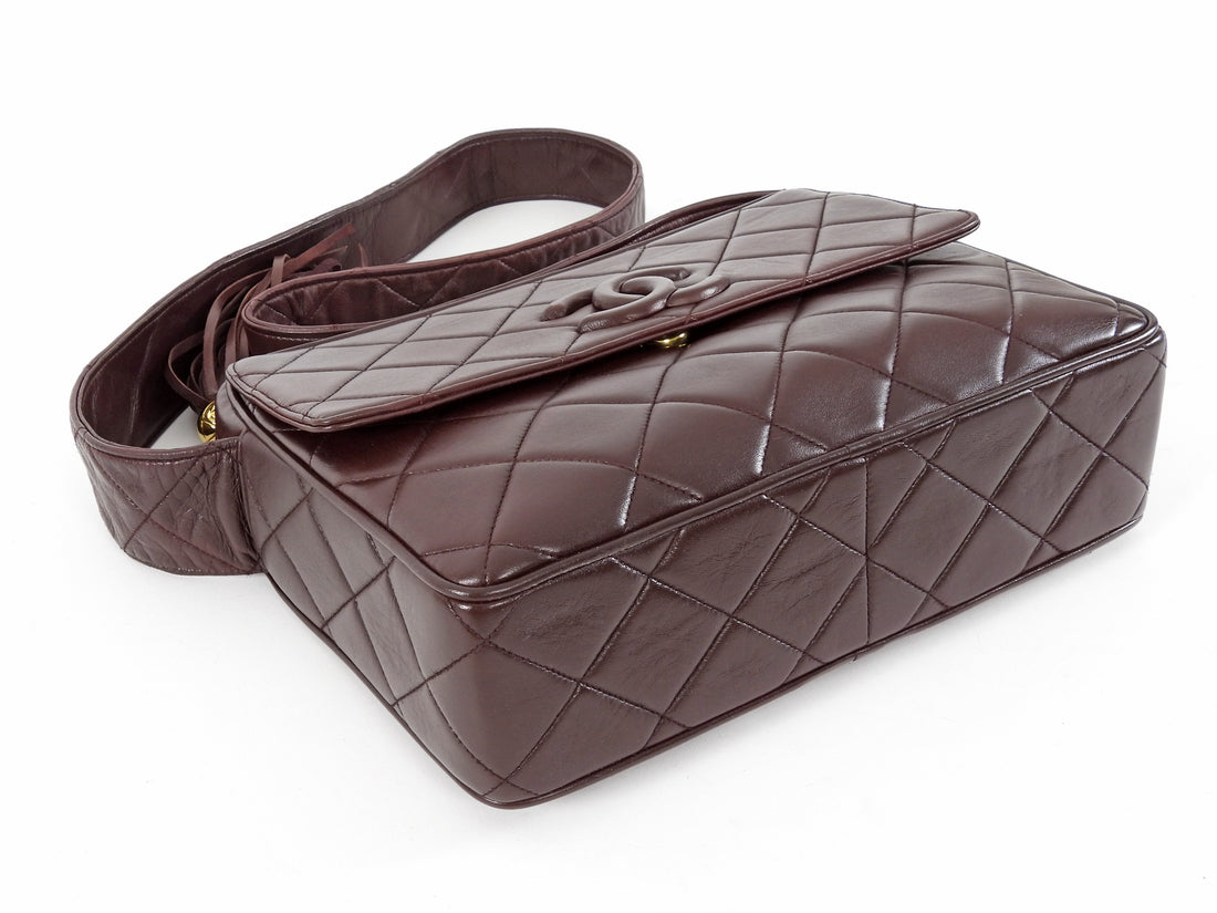 Chanel Brown Vintage 1994 Brown Caviar Leather Chevron Quilted Flap Camera Bag
