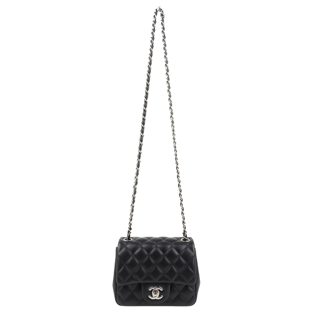 Chanel CC Black Quilted Lambskin Leather Mini Square Flap Bag on Chain