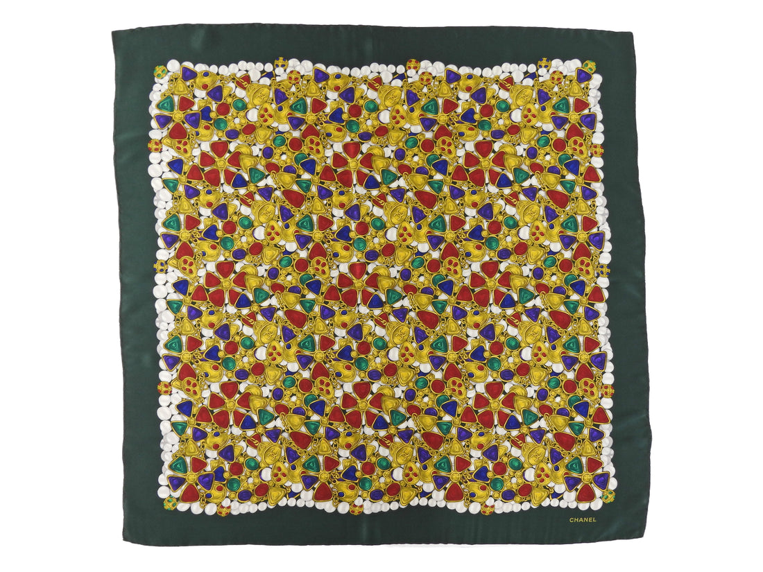Chanel Dark Green Vintage 1980s Silk Gripoix Jewelry Scarf