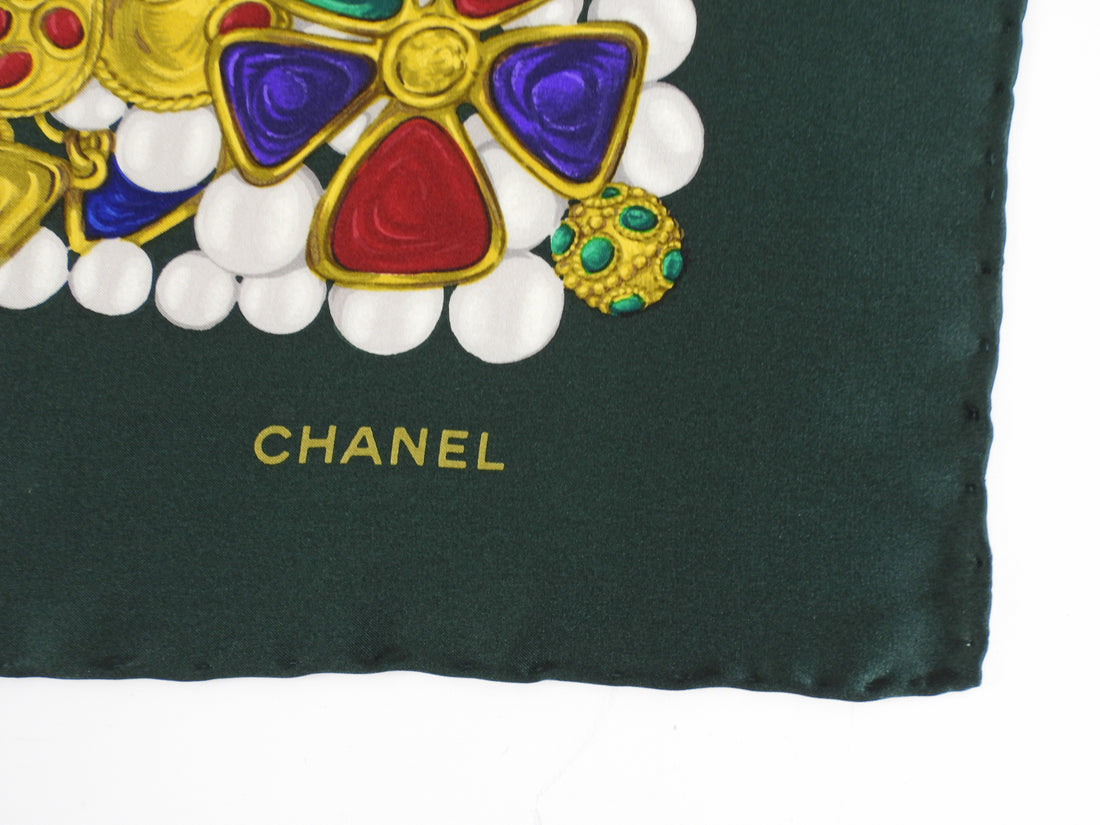 Chanel Dark Green Vintage 1980s Silk Gripoix Jewelry Scarf