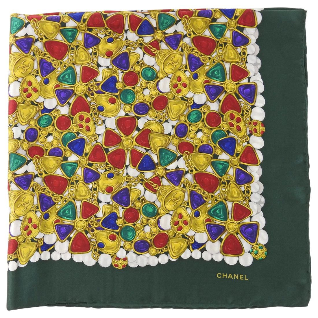 Chanel Dark Green Vintage 1980s Silk Gripoix Jewelry Scarf