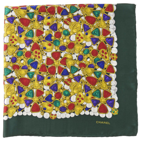 Chanel Dark Green Vintage 1980s Silk Gripoix Jewelry Scarf