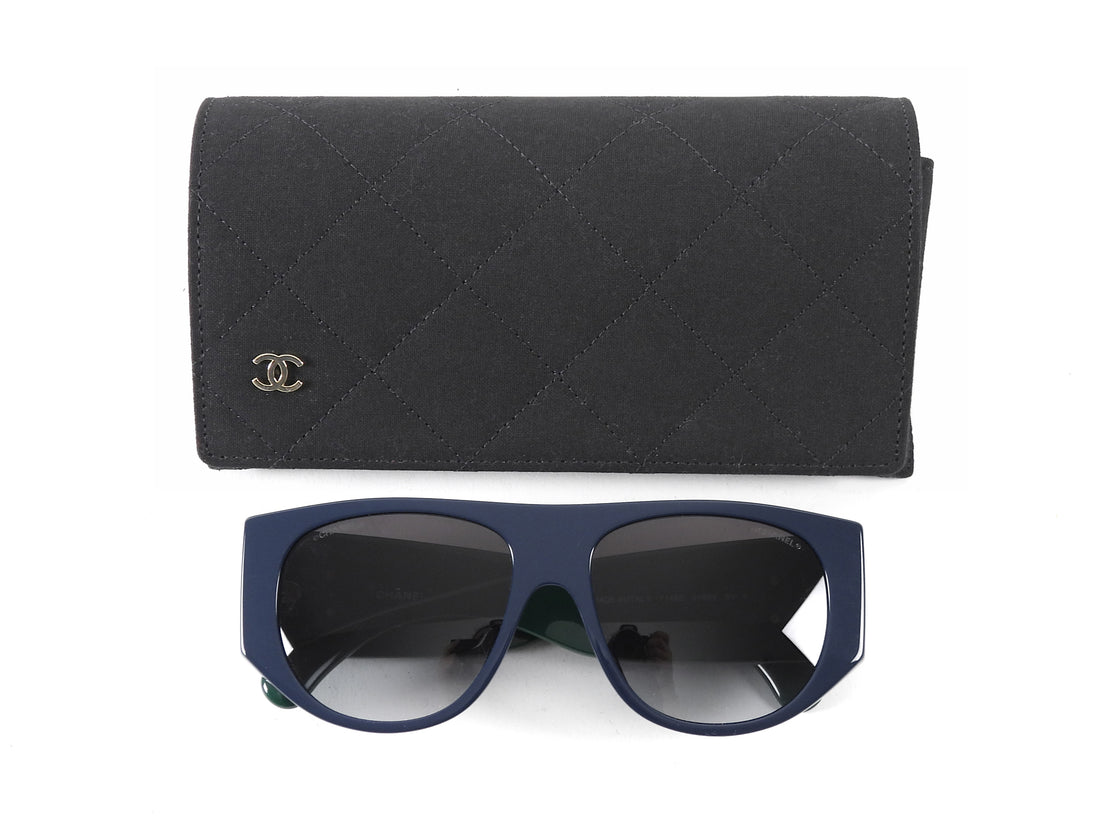 Chanel Navy Dark Green Quilted CC Pilot Acetate Two Tone Sunglasses