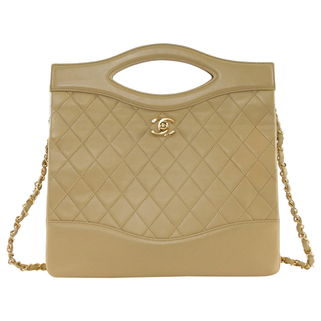 Chanel Vintage 1989 Beige Quilted Leather Medium 31 Shopping Tote Bag