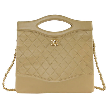 Chanel Vintage 1989 Beige Quilted Leather Medium 31 Shopping Tote Bag