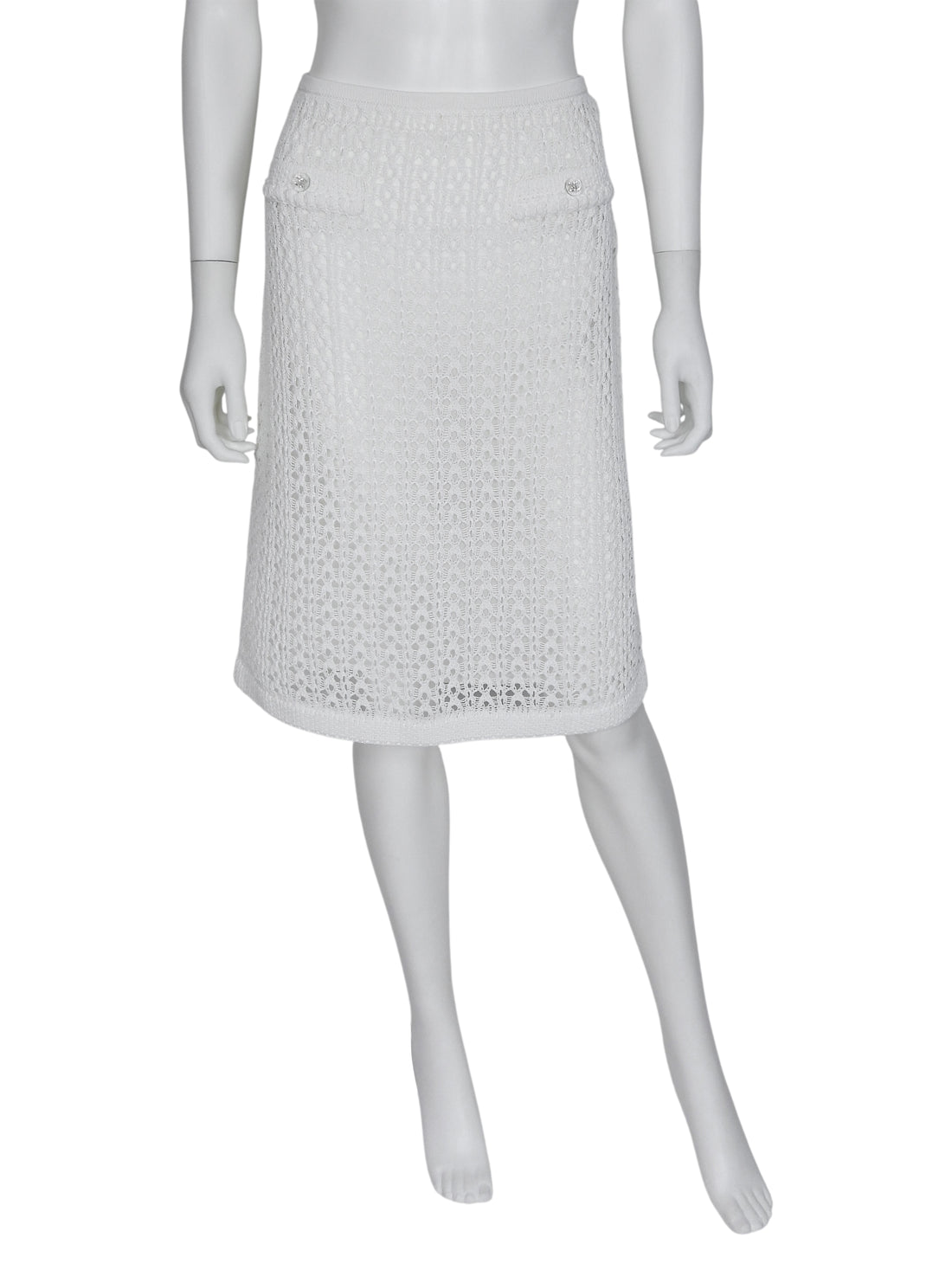 Chanel White 26C Acrylic CC Button Crochet Midi Skirt - 38