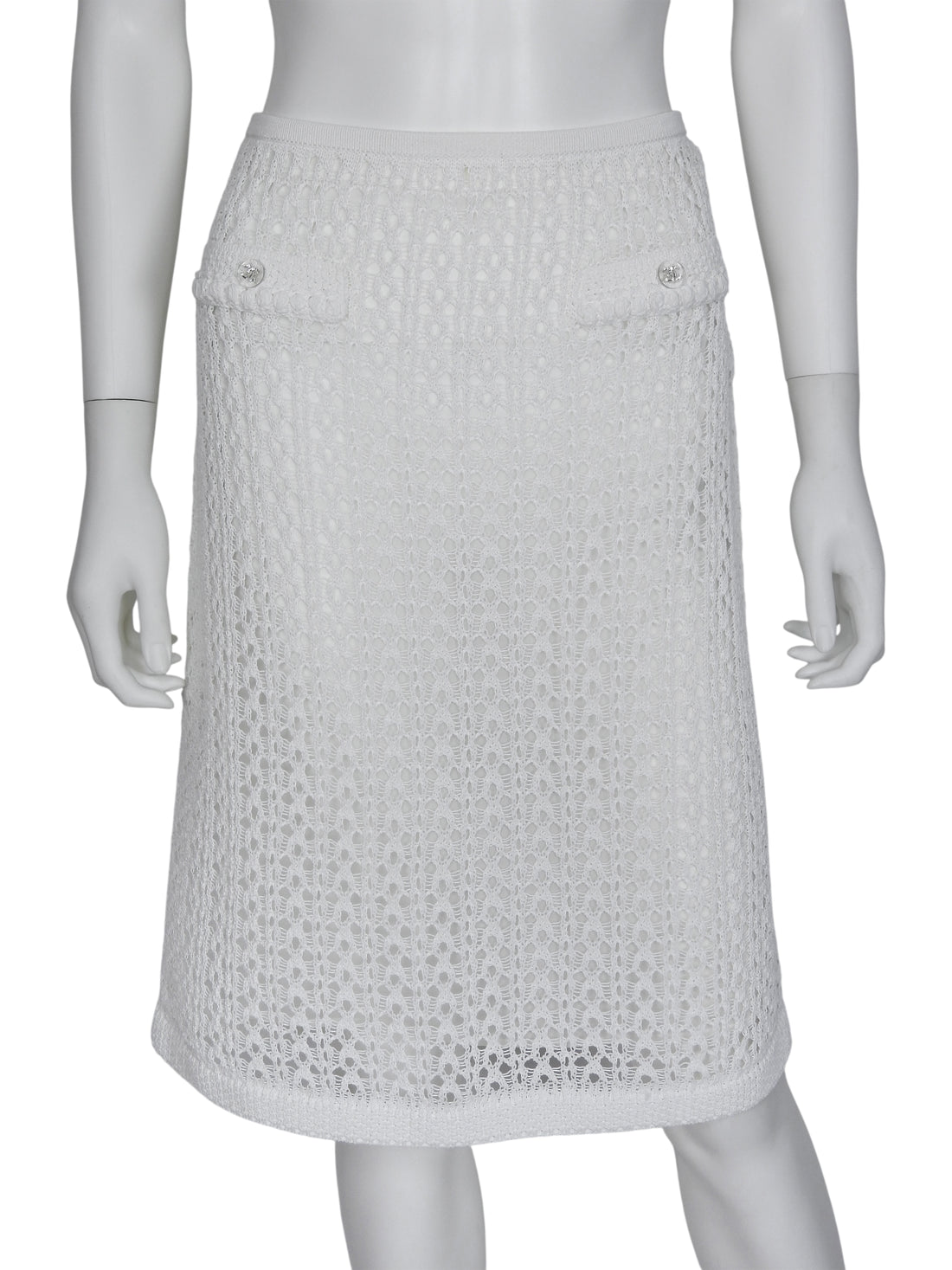 Chanel White 26C Acrylic CC Button Crochet Midi Skirt - 38