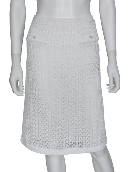 Chanel White 26C Acrylic CC Button Crochet Midi Skirt - 38