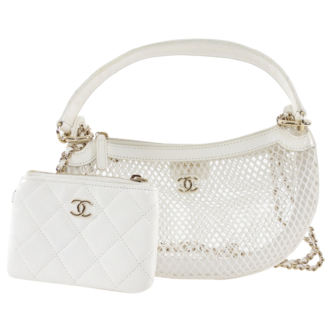 Chanel 2025 White Mesh Shiny Lambskin Chain Hobo Bag