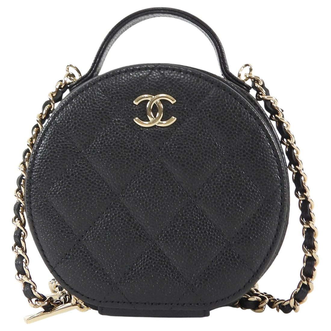 Chanel 2021 Black Quilted Caviar Leather Handle With Care Round Vanity Case Mini Bag