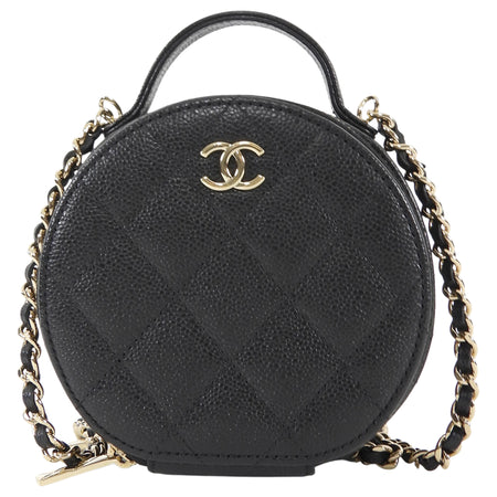 Chanel 2021 Black Quilted Caviar Leather Handle With Care Round Vanity Case Mini Bag