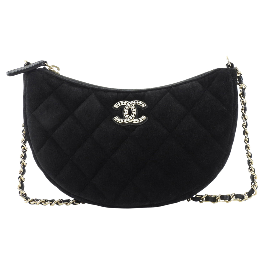 Chanel Quilted Black Velvet Crystal CC Mini Chain Hobo Bag