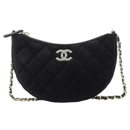 Chanel Quilted Black Velvet Crystal CC Mini Chain Hobo Bag