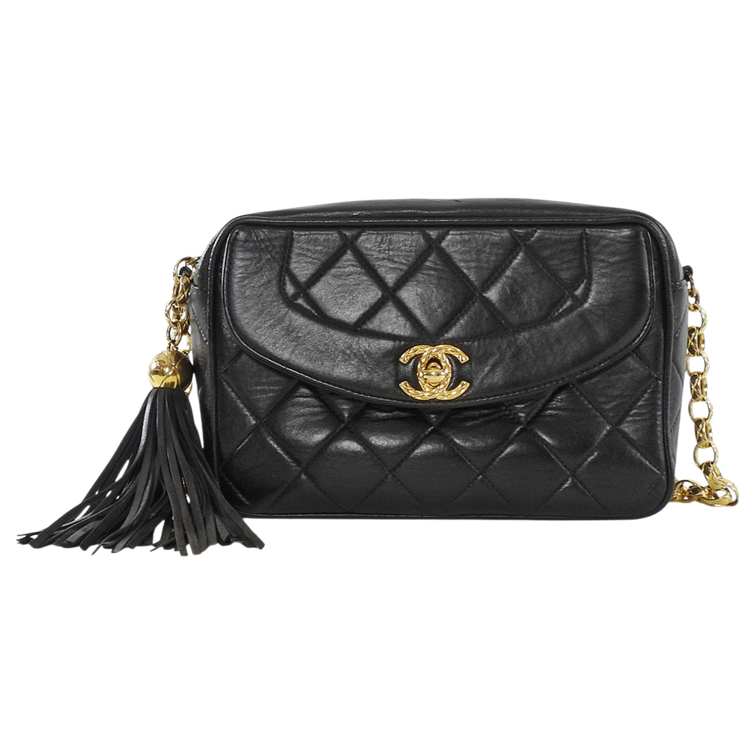 Chanel Black Vintage 1991 Quilted Lambskin Bijoux Flap Tassel Camera Bag Mini