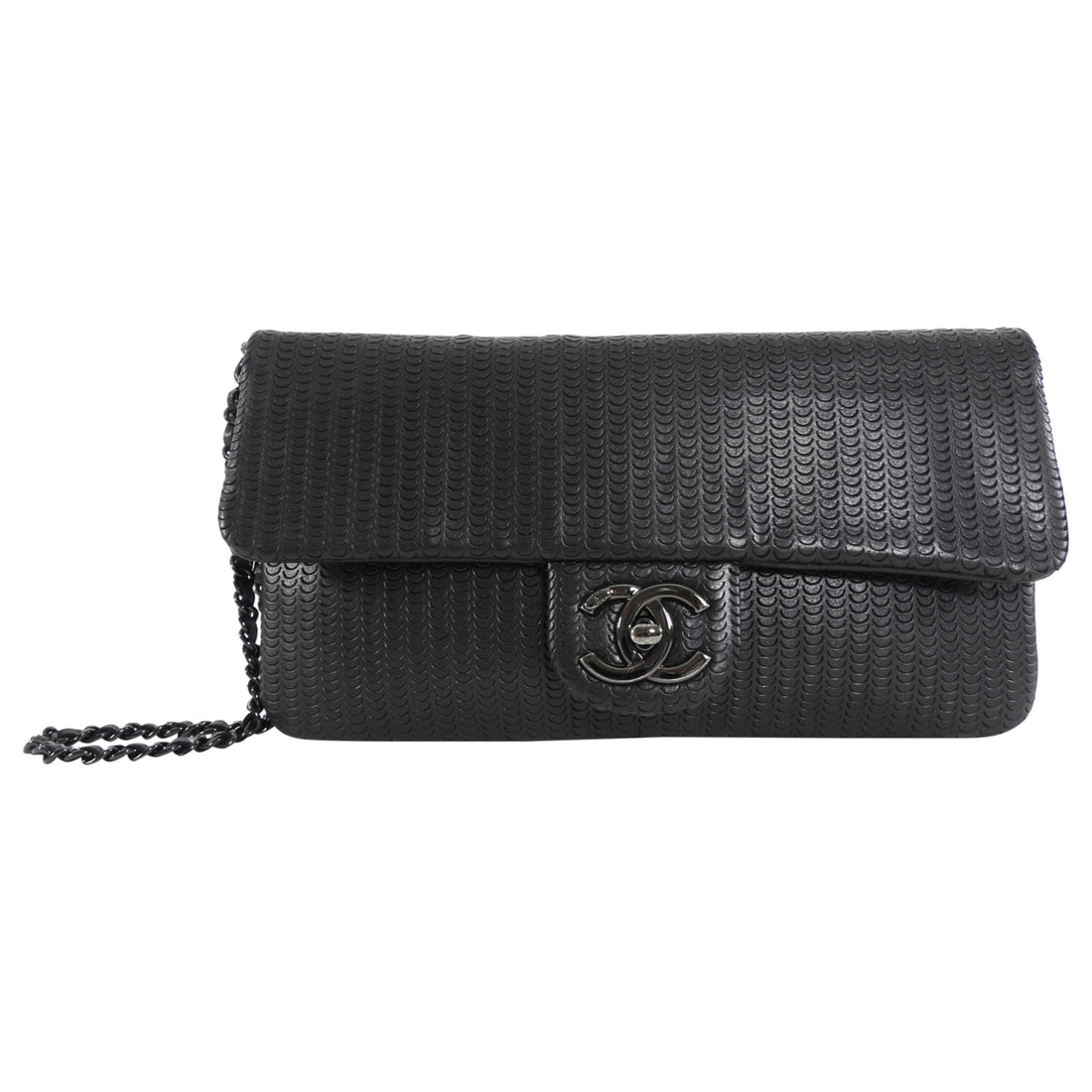 Chanel Black Perforated Leather Medium Flap Chain Wristlet Clutch Bag