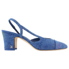 Chanel Blue 22P Denim Logo Block Heel Cap Toe Slingback Heels - 37.5 / 7