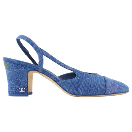 Chanel Blue 22P Denim Logo Block Heel Cap Toe Slingback Heels - 37.5 / 7
