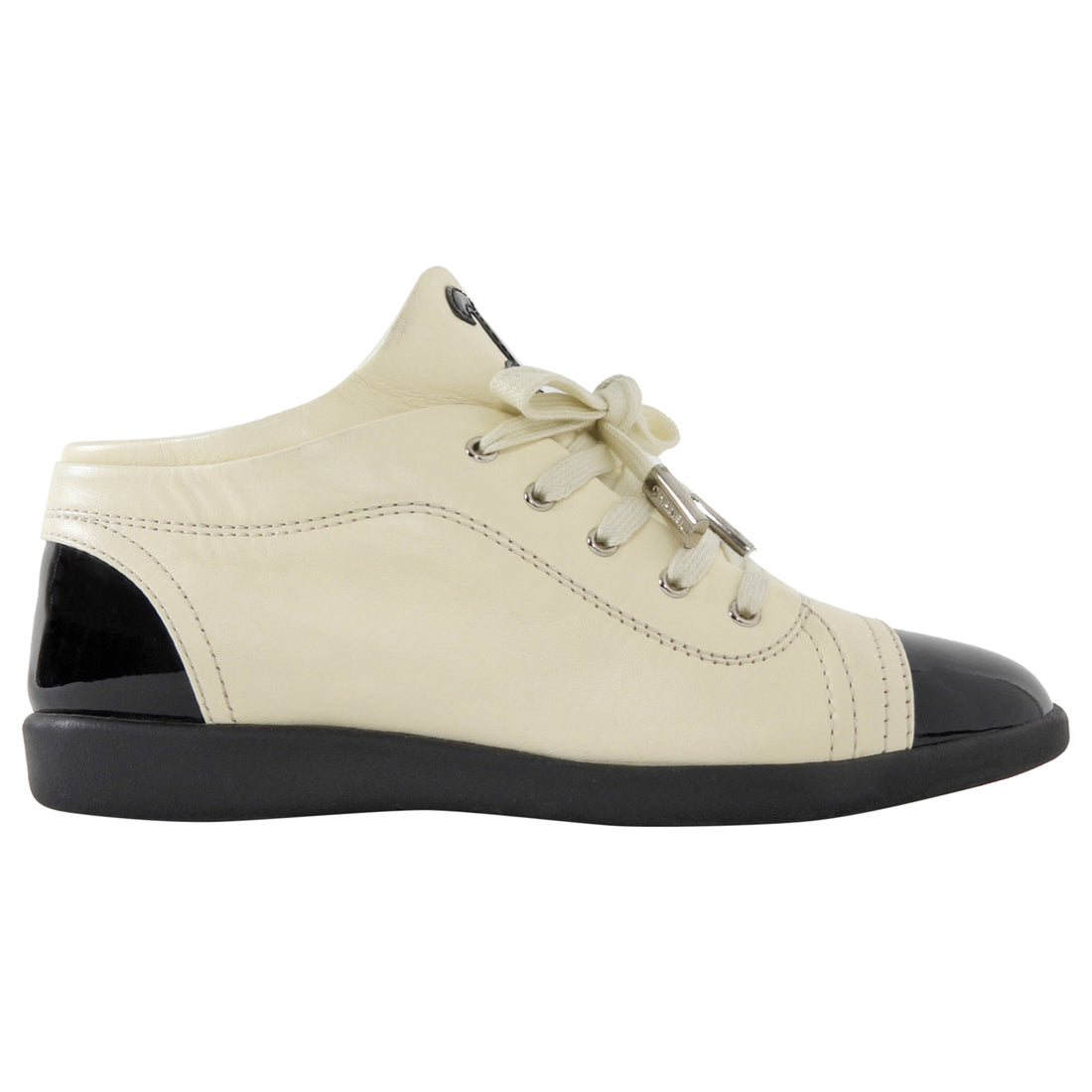 Chanel Ivory Leather Black Patent Cap Toe Lambskin CC Sneaker - 37